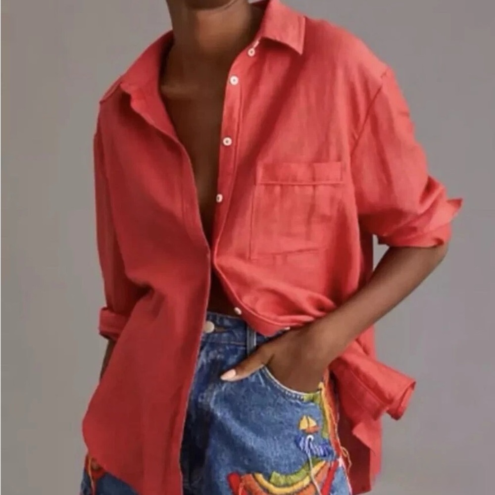 Maeve Anthropologie Button Down Linen Cotton Washed Coral